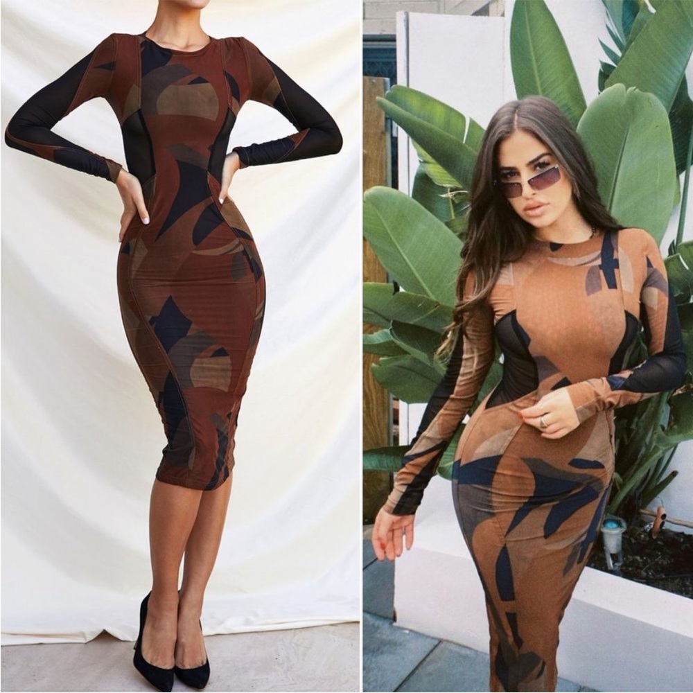 House of CB 'Cassidy' Brown Mesh Printed Long Sleeve Midi Dress NWOT